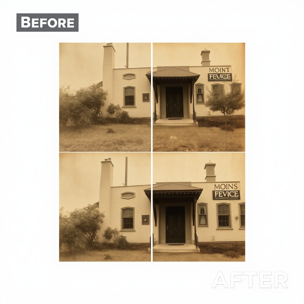 A before-and-after image of a restored vintage photograph. Detailed textures, warm tones. 4K, stylized.