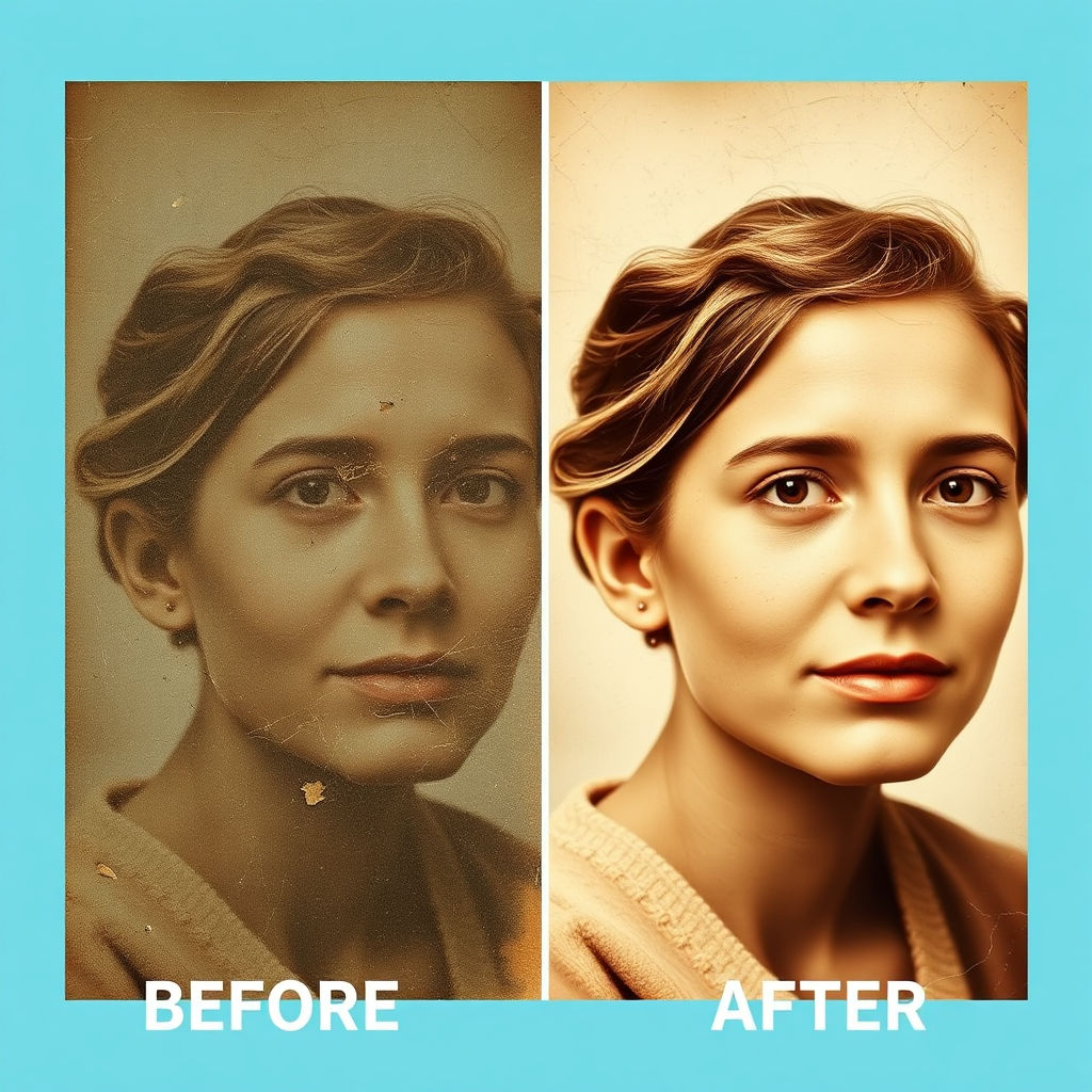 A before-and-after image showcasing the restoration of a faded and damaged photograph. The left side shows the original, while the right side shows the restored version. 4K resolution, high quality, stylized.