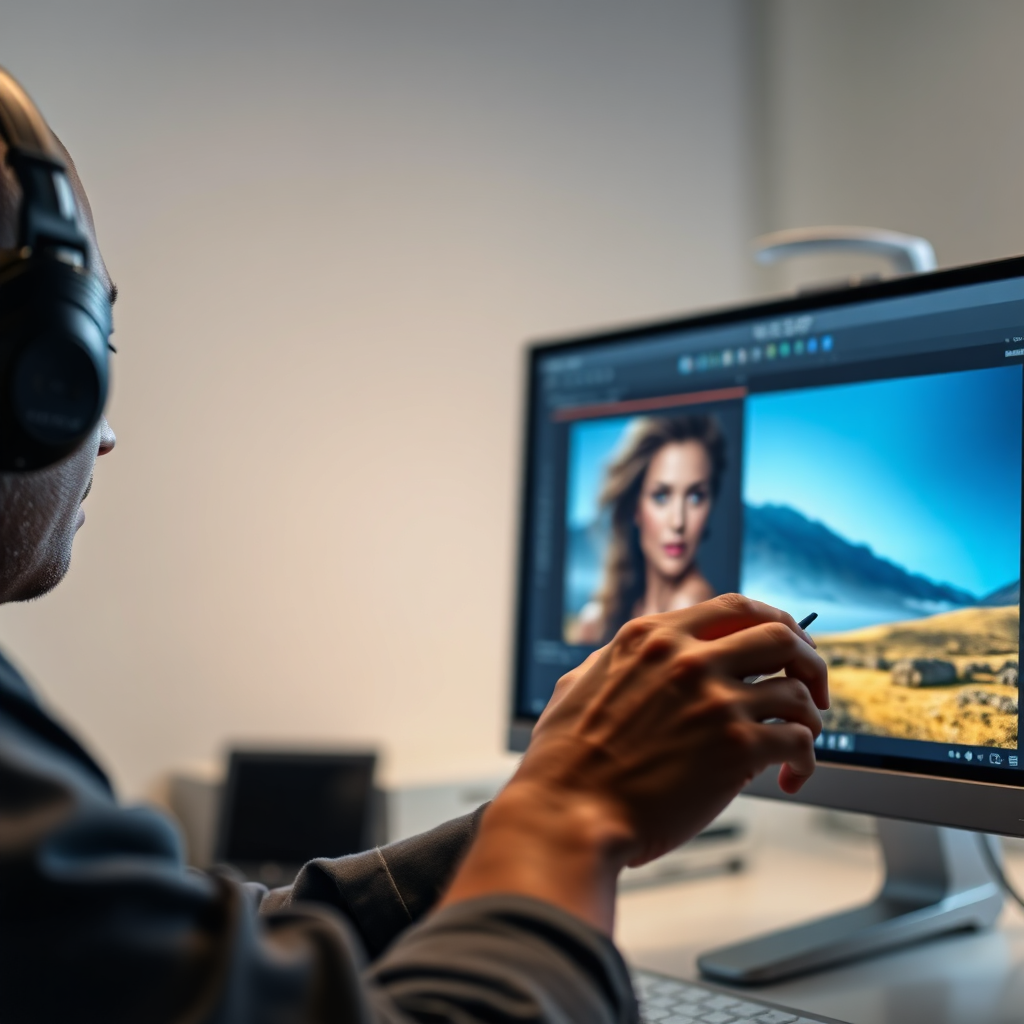 A close-up shot of a photo editor working on a high-resolution image on a large monitor. The lighting is focused and precise, highlighting the editor's attention to detail. 4K resolution, high quality, photorealistic.