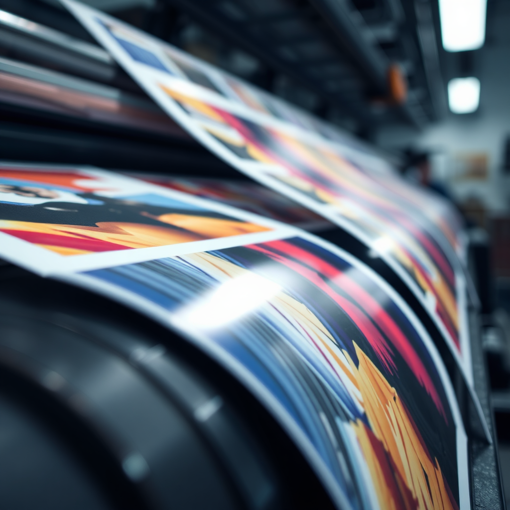 A close-up shot of a printing press producing vibrant and sharp prints. The lighting is focused and dynamic, showcasing the printing process. 4K resolution, high quality, photorealistic.