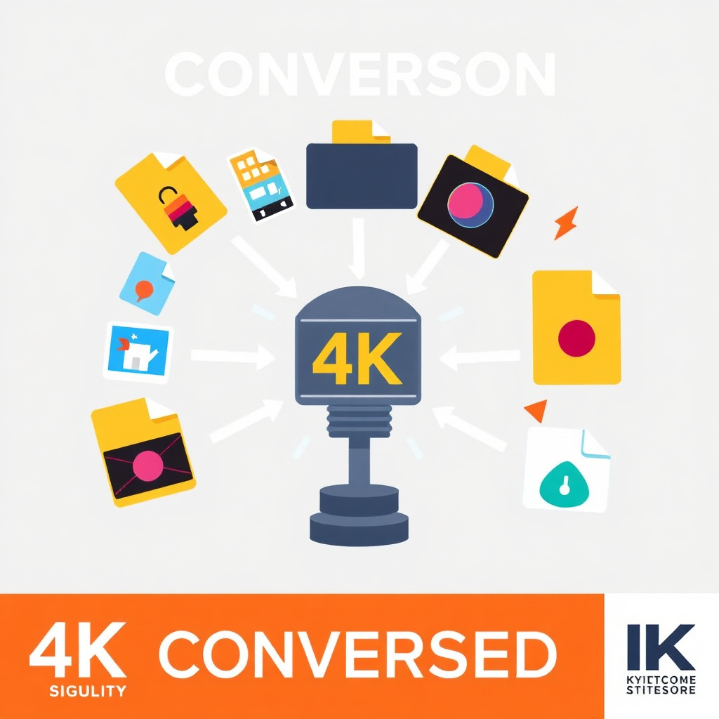 A graphic representation of various media file types (photos, videos, audio) flowing into a central hub, symbolizing conversion. The style is modern and clean, with vibrant colors. 4K resolution, high quality, stylized.
