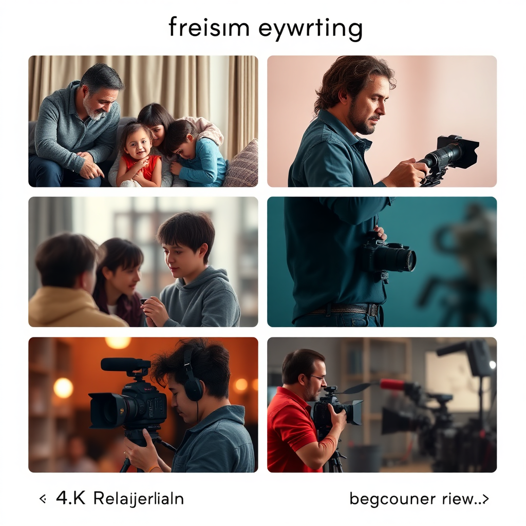 A montage image showcasing different storytelling scenarios. One section shows a family portrait session, another a product shoot, and another a behind-the-scenes glimpse of a film set. The color palette is diverse, reflecting the variety of stories. 4K resolution, high quality, stylized.