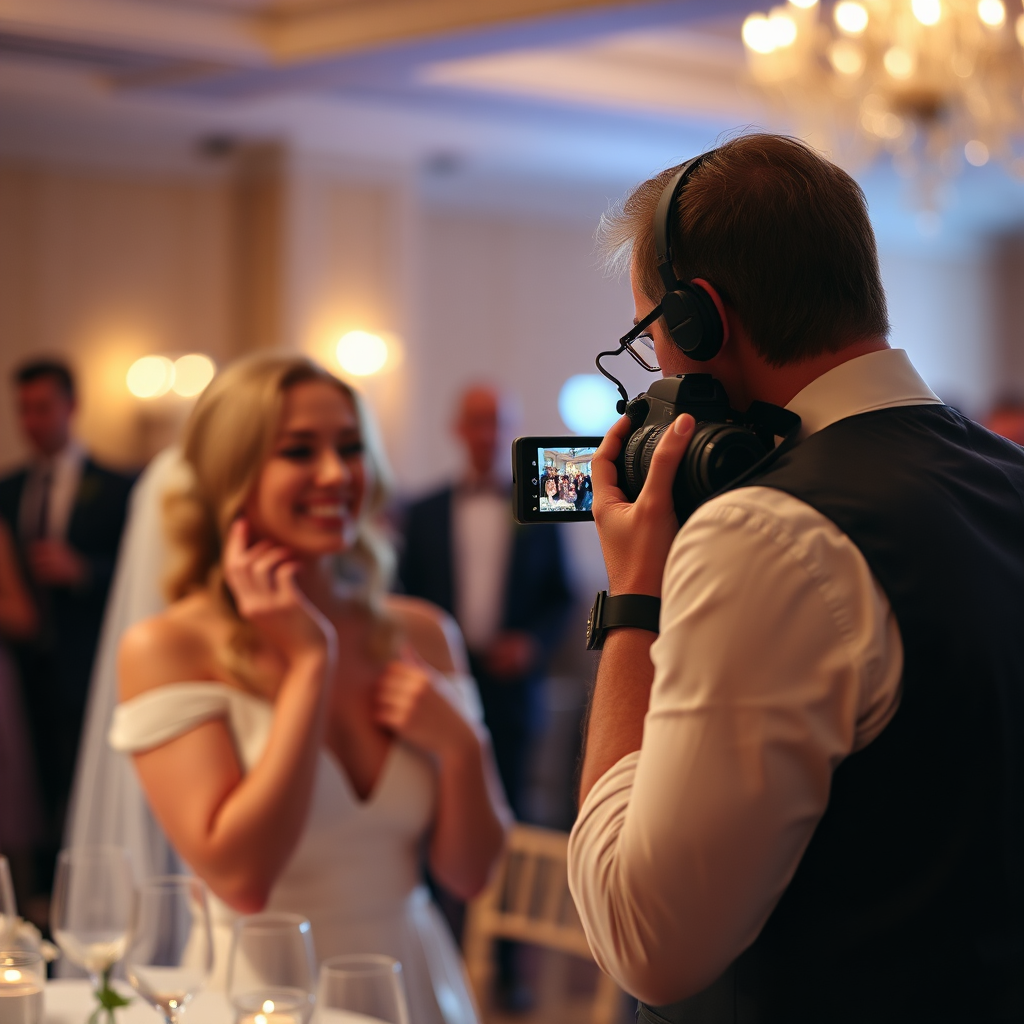 A photographer discreetly capturing a joyful moment at a wedding reception. Soft, romantic lighting. Bokeh effect in the background. 4K, photorealistic.