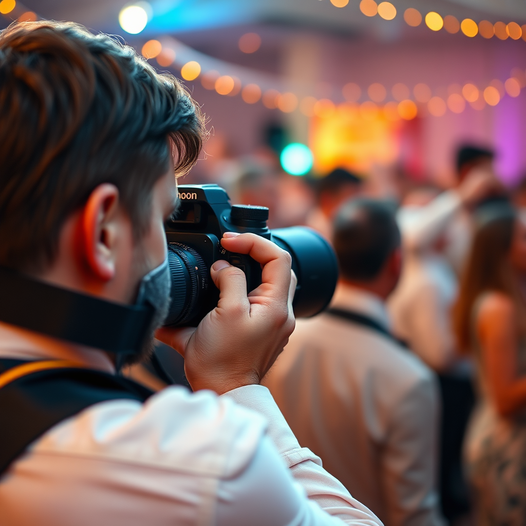 A photorealistic image of a photographer capturing a candid moment at a vibrant wedding. The background shows a blurred scene of dancing and celebration, while the foreground focuses on the photographer's focused expression. Use warm lighting and shallow depth of field. 4K resolution, high quality.