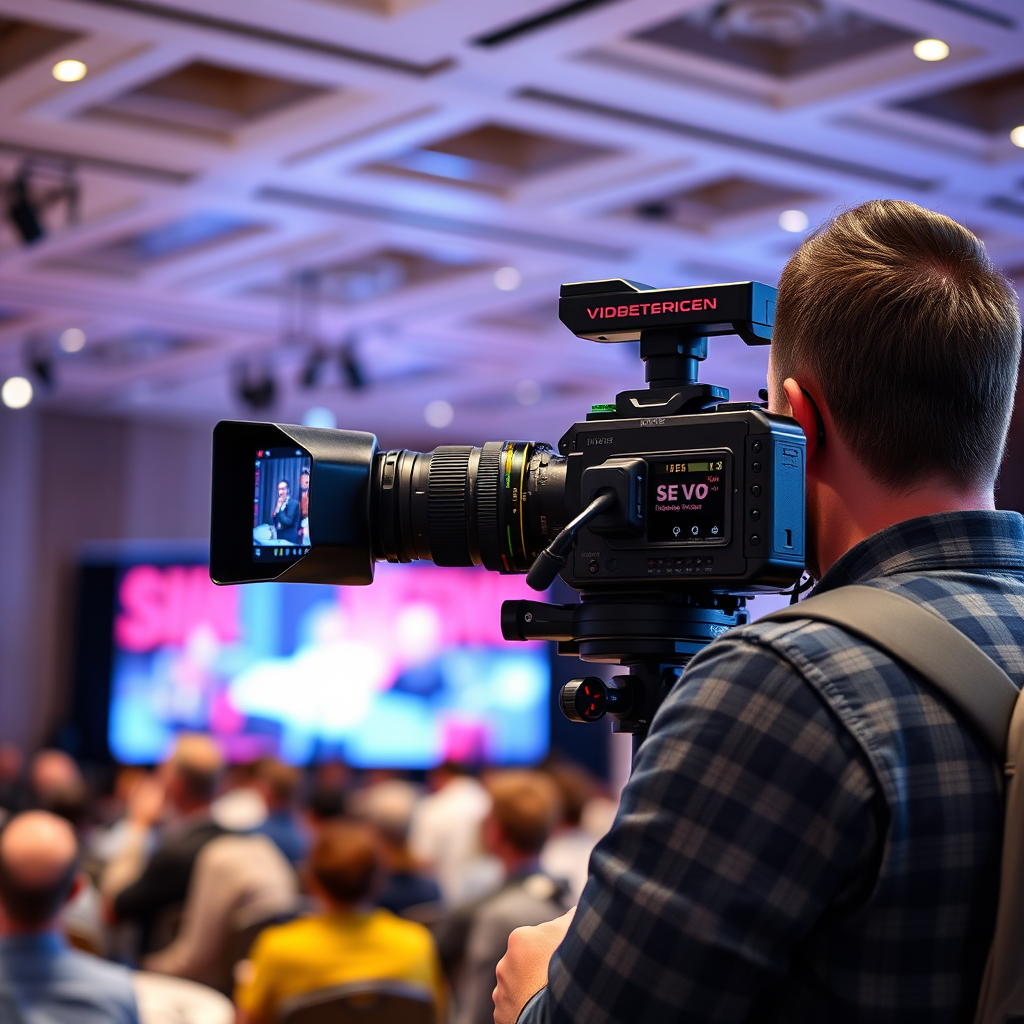 A videographer using a steady cam to film a speaker at a conference. The lighting is professional, and the composition highlights the dynamic energy of the event. 4K resolution, high quality, photorealistic.